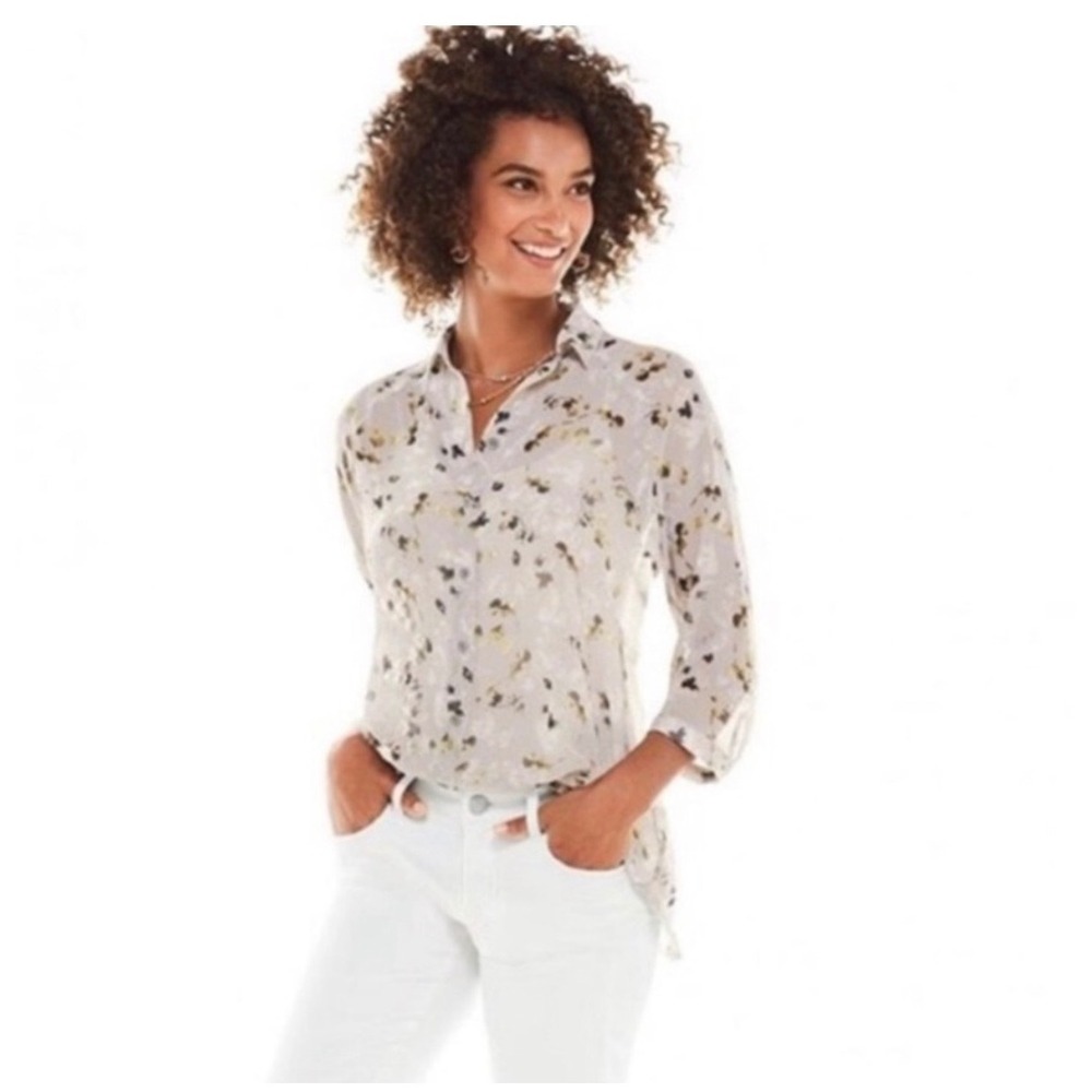 Cabi 5204 Gray Abstract Floral Print 3/4 Sleeve Button Blouse Womens XS